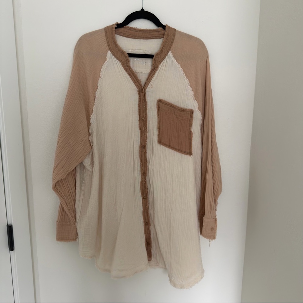 AERIE Gauze Coverup Shirt Long Sleeve Beige Tan Colorblock Size XL Women’s - Picture 2 of 8